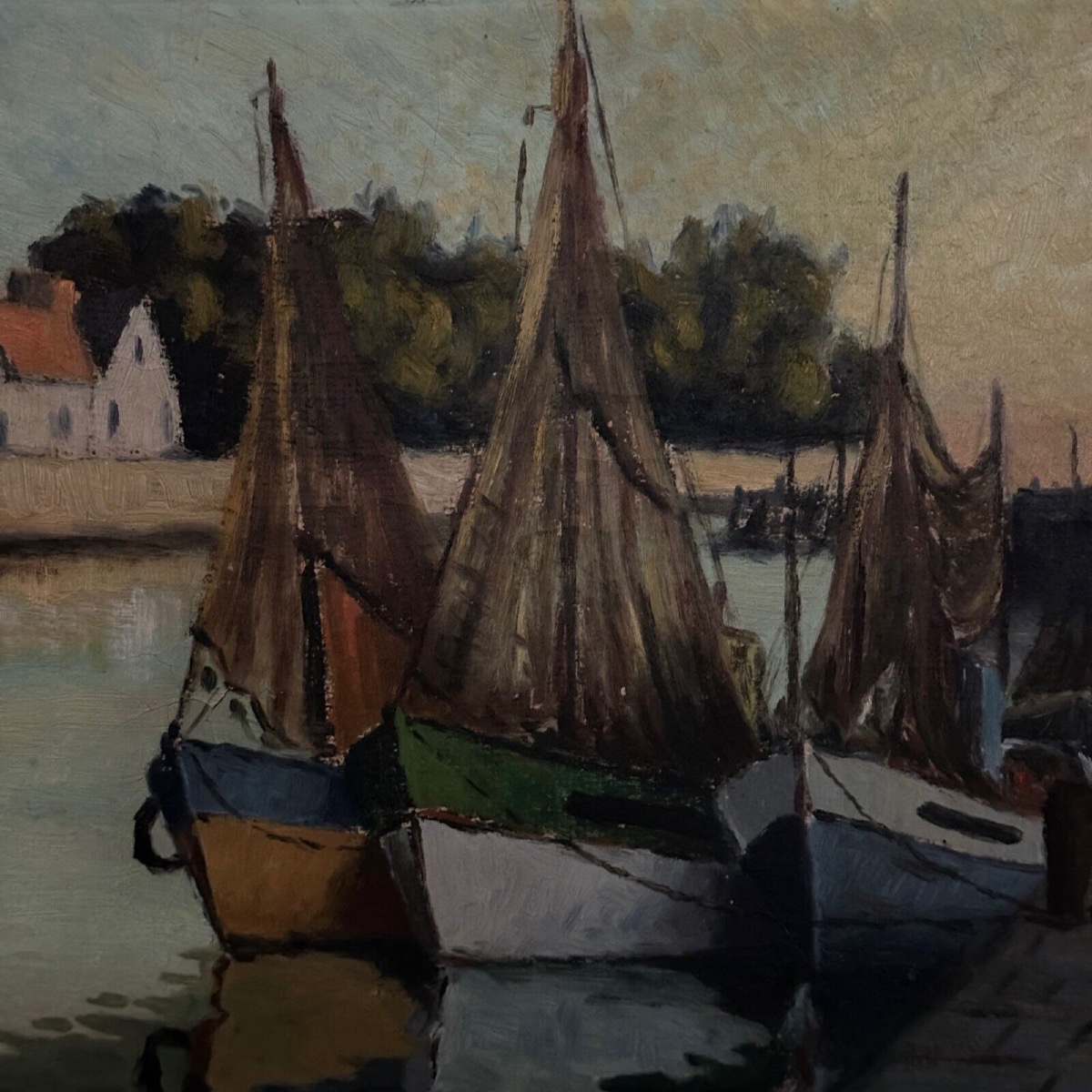 Huile sur carton bateaux de pêche à quai XXe par Moufunt-photo-1