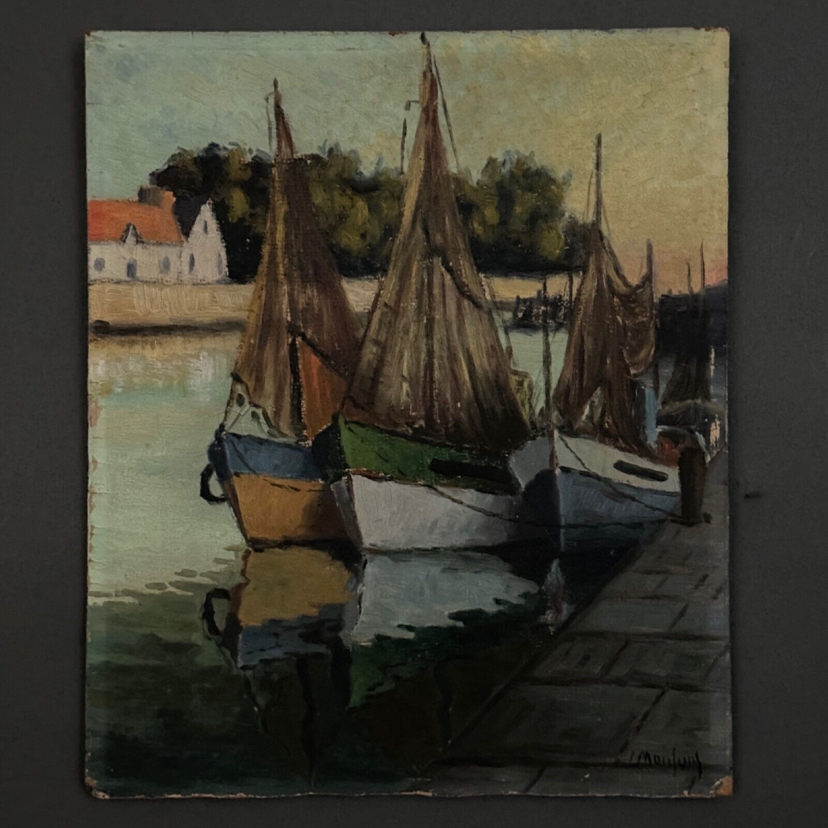 Huile sur carton bateaux de pêche à quai XXe par Moufunt