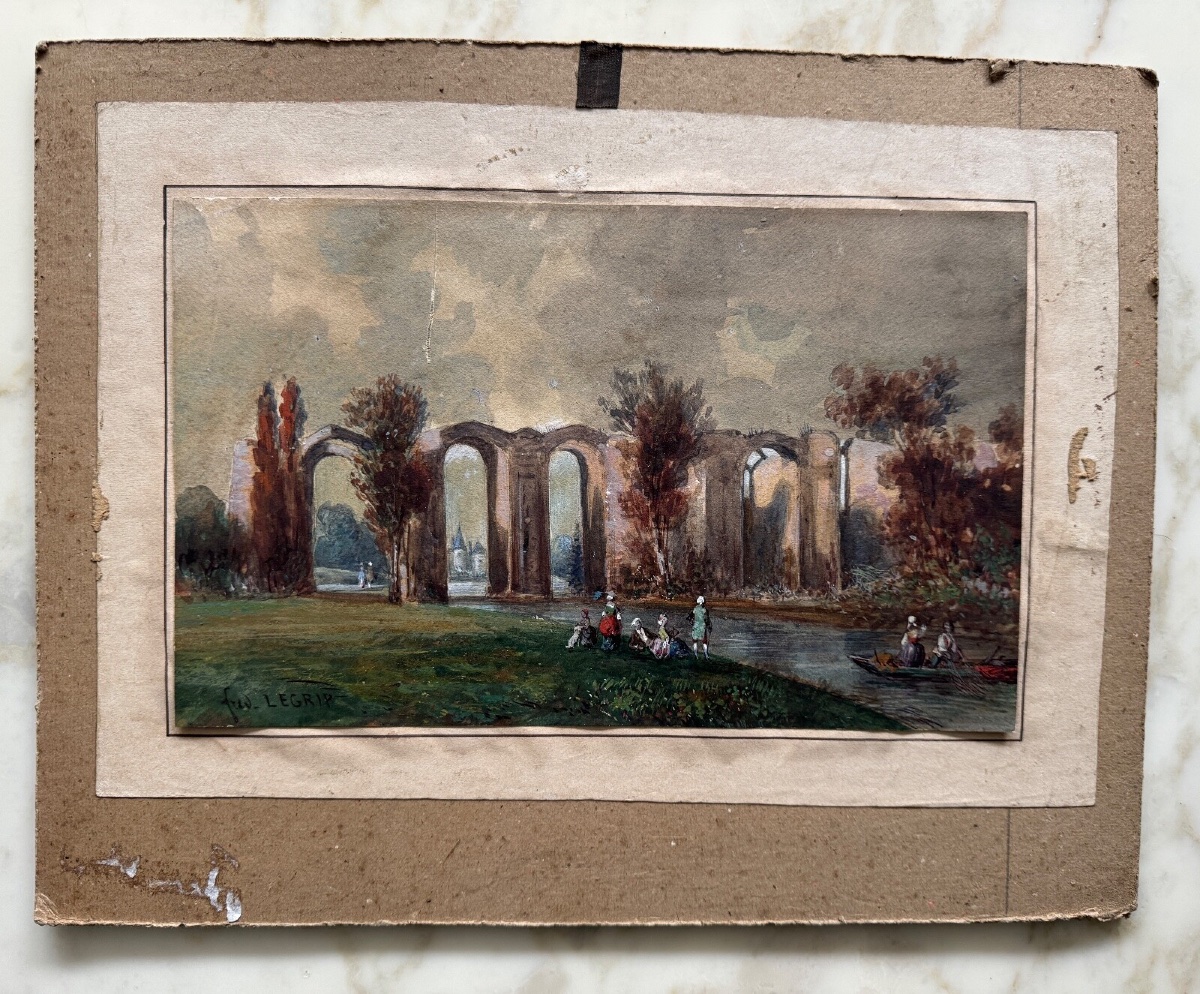 Aquarelle sur papier XIXe par Frédéric Legrip représentant bord de canal-photo-3