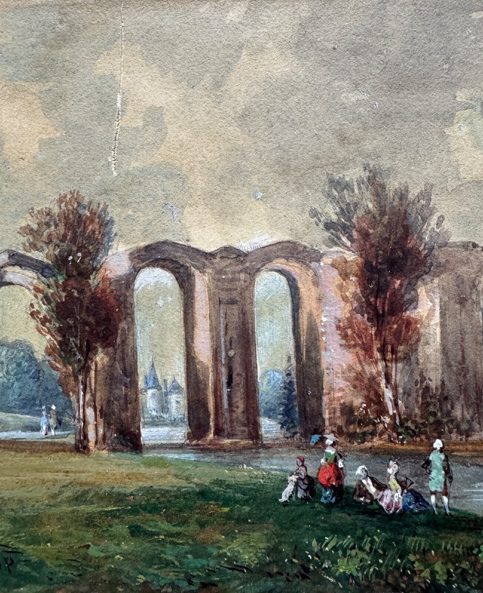 Aquarelle sur papier XIXe par Frédéric Legrip représentant bord de canal-photo-4