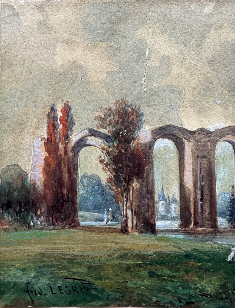 Aquarelle sur papier XIXe par Frédéric Legrip représentant bord de canal-photo-1