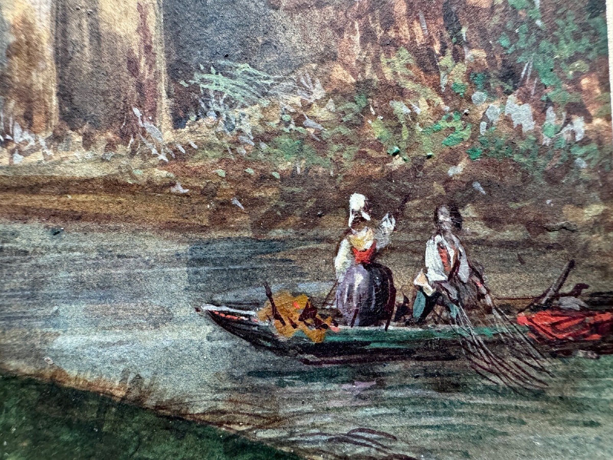Aquarelle sur papier XIXe par Frédéric Legrip représentant bord de canal-photo-2