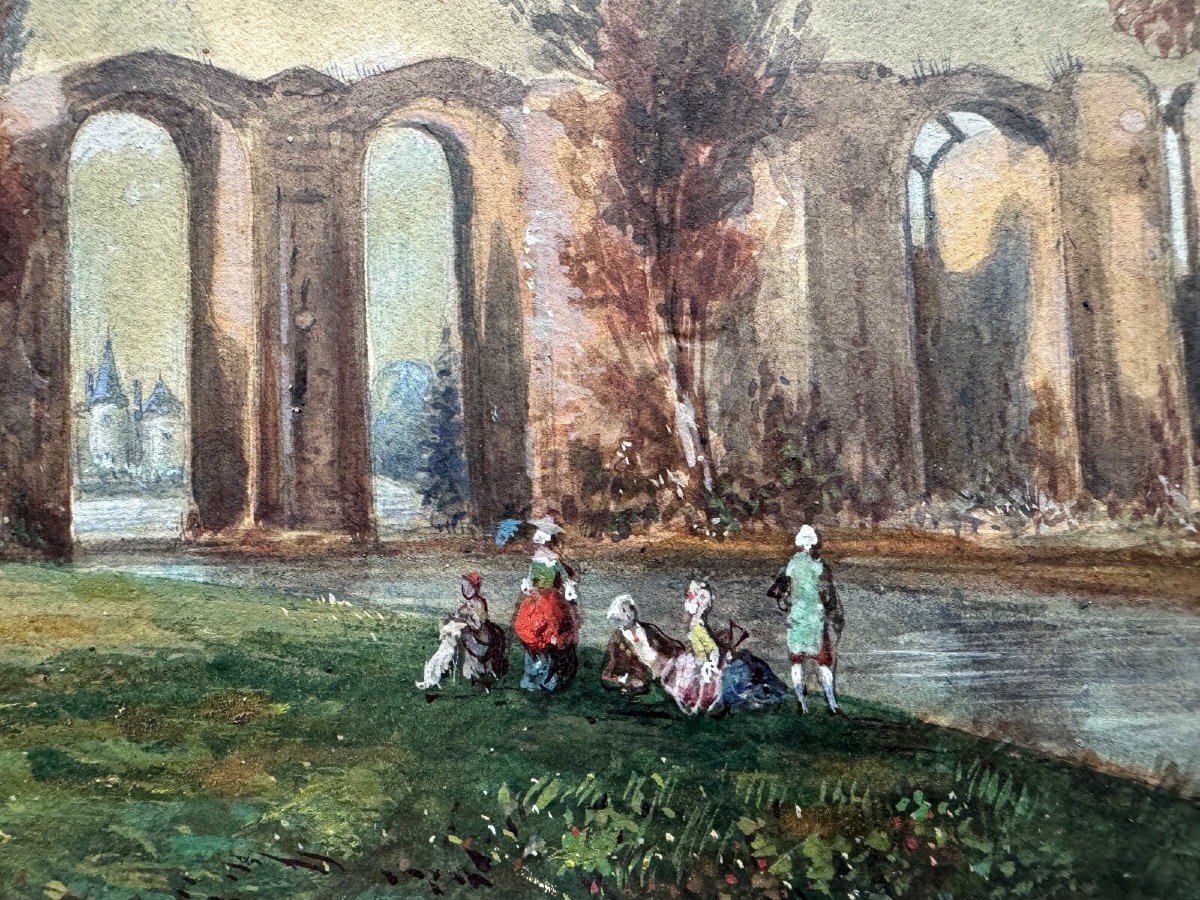 Aquarelle sur papier XIXe par Frédéric Legrip représentant bord de canal-photo-4