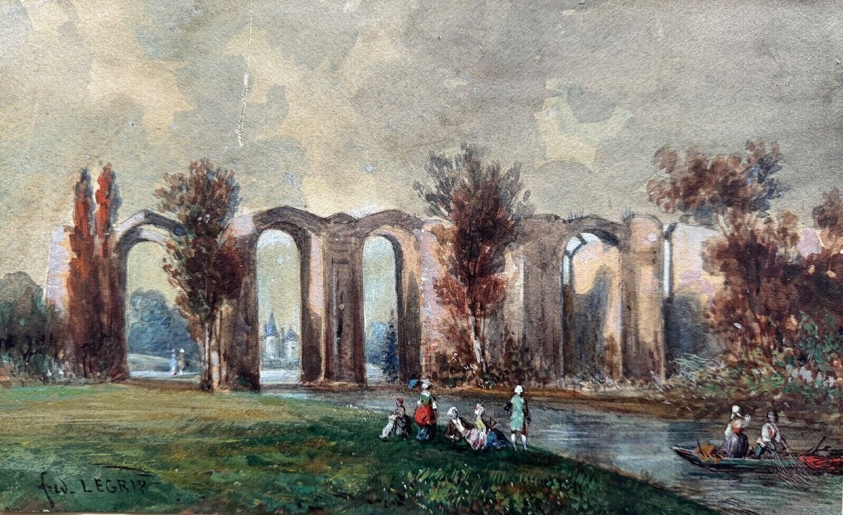 Aquarelle sur papier XIXe par Frédéric Legrip représentant bord de canal-photo-8