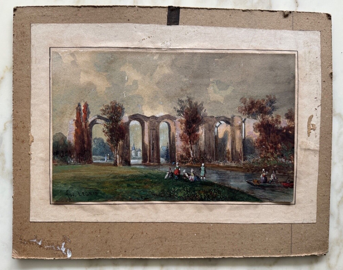 Aquarelle sur papier XIXe par Frédéric Legrip représentant bord de canal