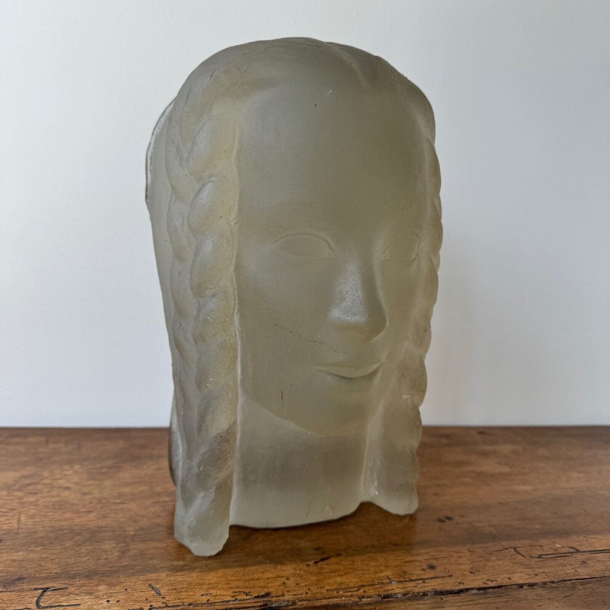 Sculpture By Lucien Lafaye, Female Face In Molded Glass, Circa 1950-photo-3