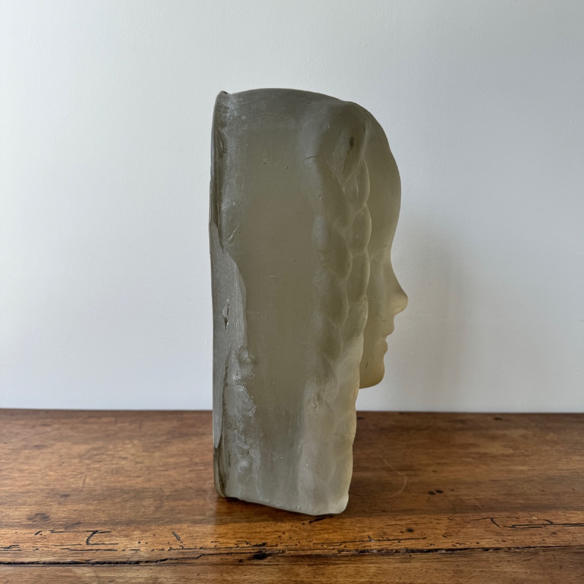 Sculpture By Lucien Lafaye, Female Face In Molded Glass, Circa 1950-photo-1