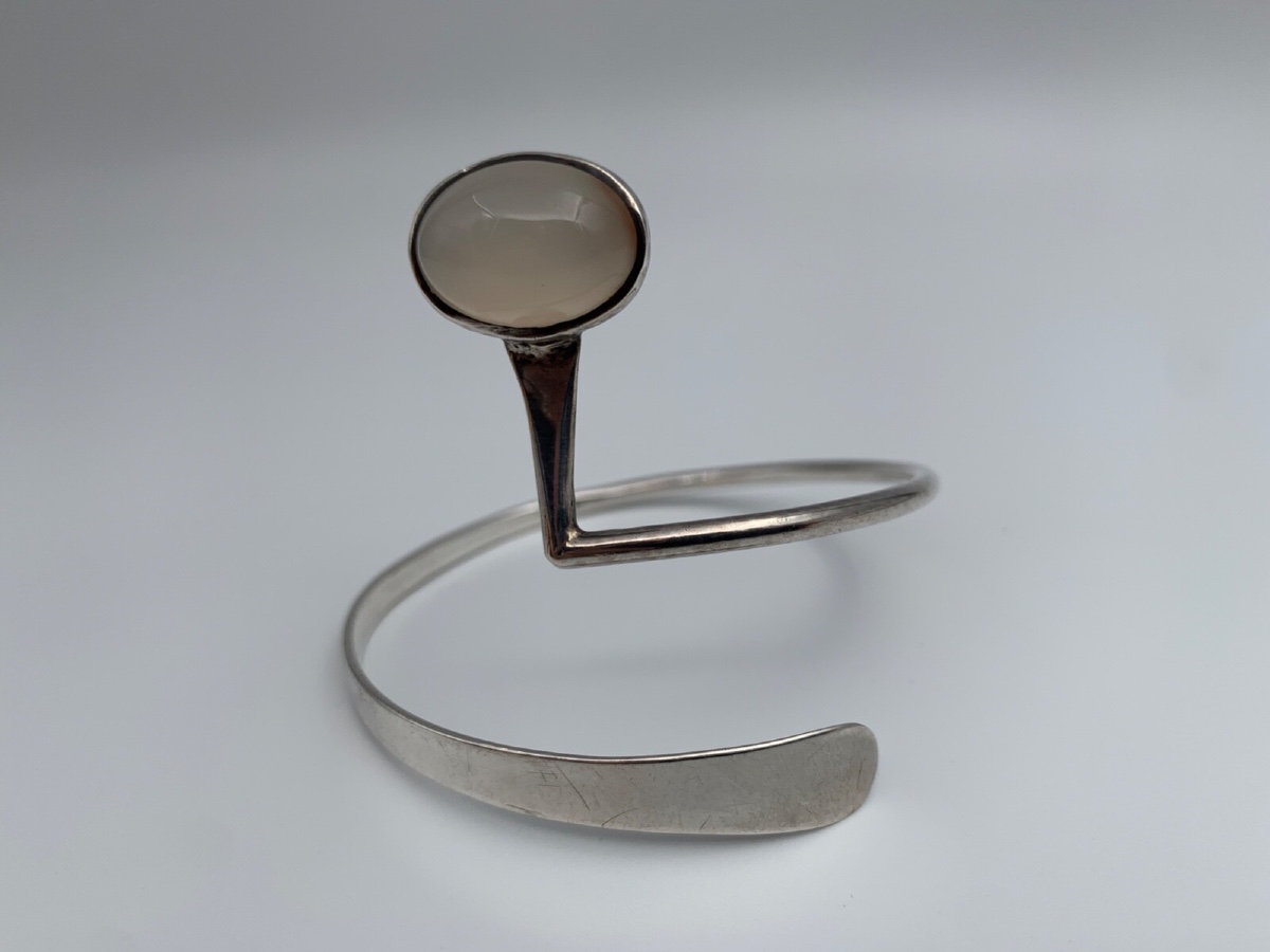 Sterling Silver (800/1000) Bangle Bracelet With Spiral And Oval White Stone, 21 Grams