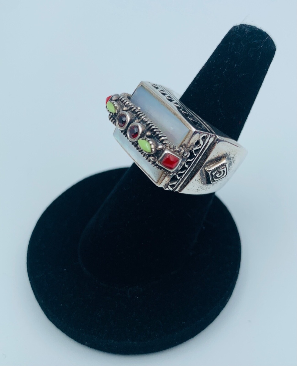 Bague en argent massif nacre pierres colorées 22,12 g taille W56-photo-3
