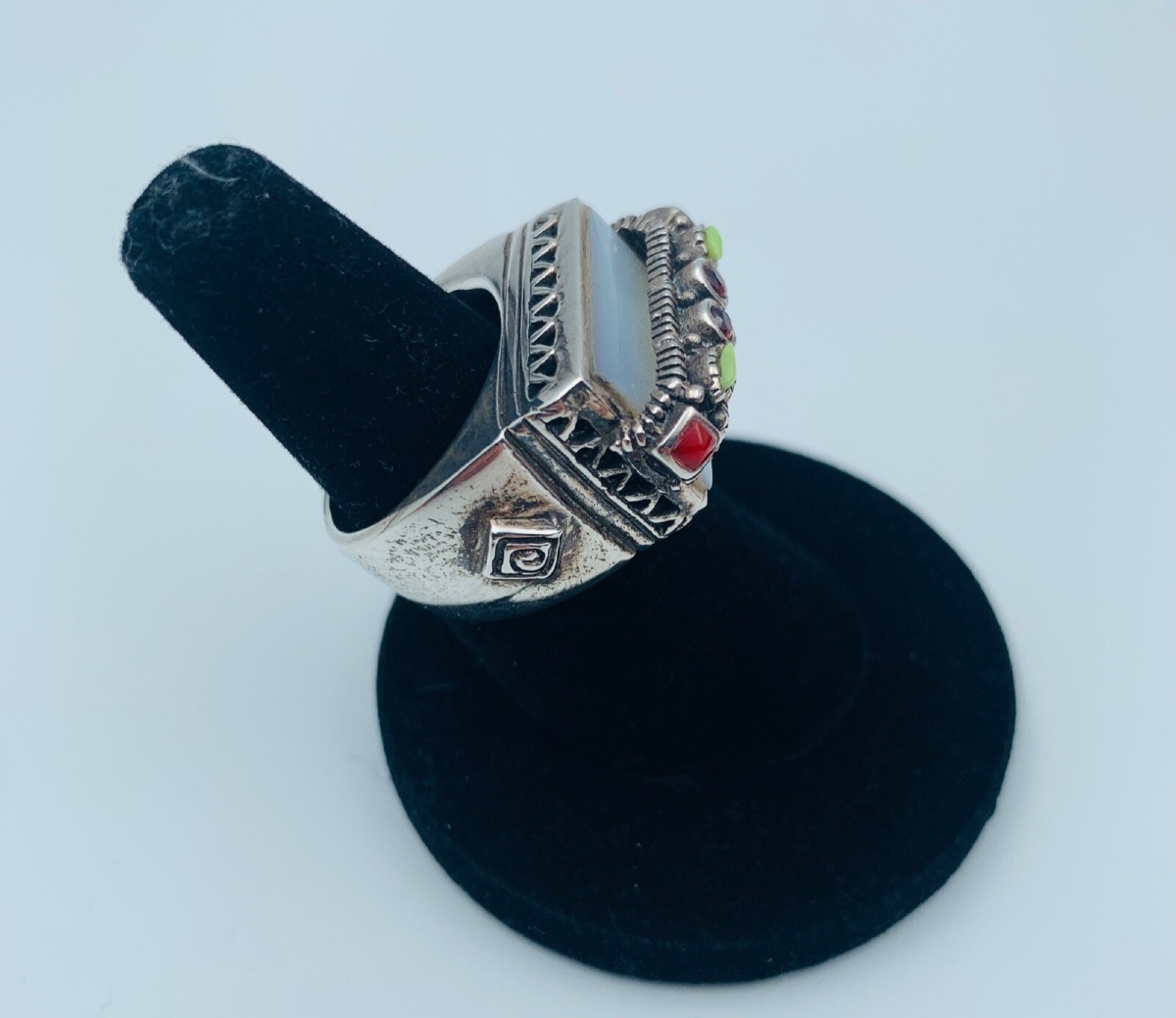 Bague en argent massif nacre pierres colorées 22,12 g taille W56-photo-1