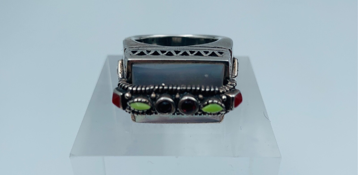 Bague en argent massif nacre pierres colorées 22,12 g taille W56-photo-2