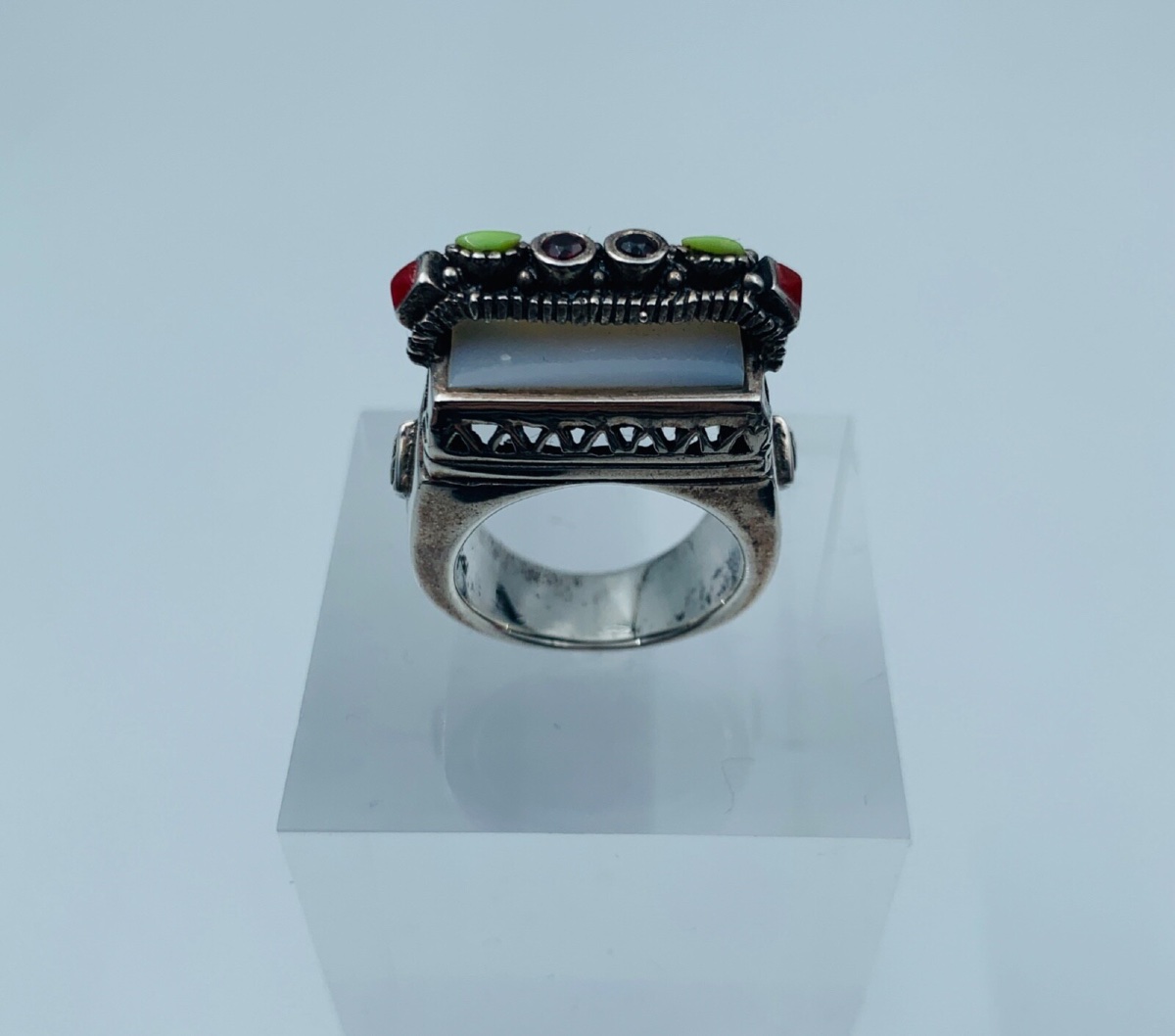 Bague en argent massif nacre pierres colorées 22,12 g taille W56-photo-6
