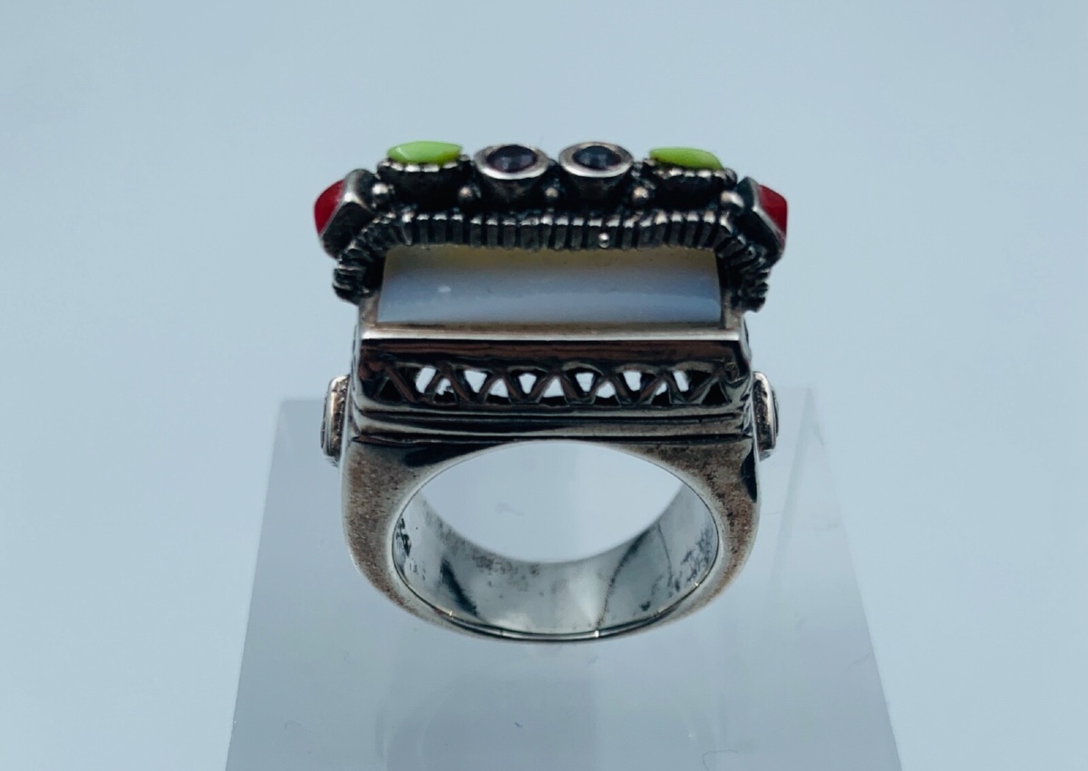 Bague en argent massif nacre pierres colorées 22,12 g taille W56