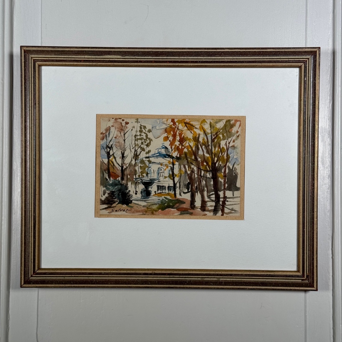 Dessin aquarelle sur papier par Salvat monument derrière des arbres XXe-photo-3