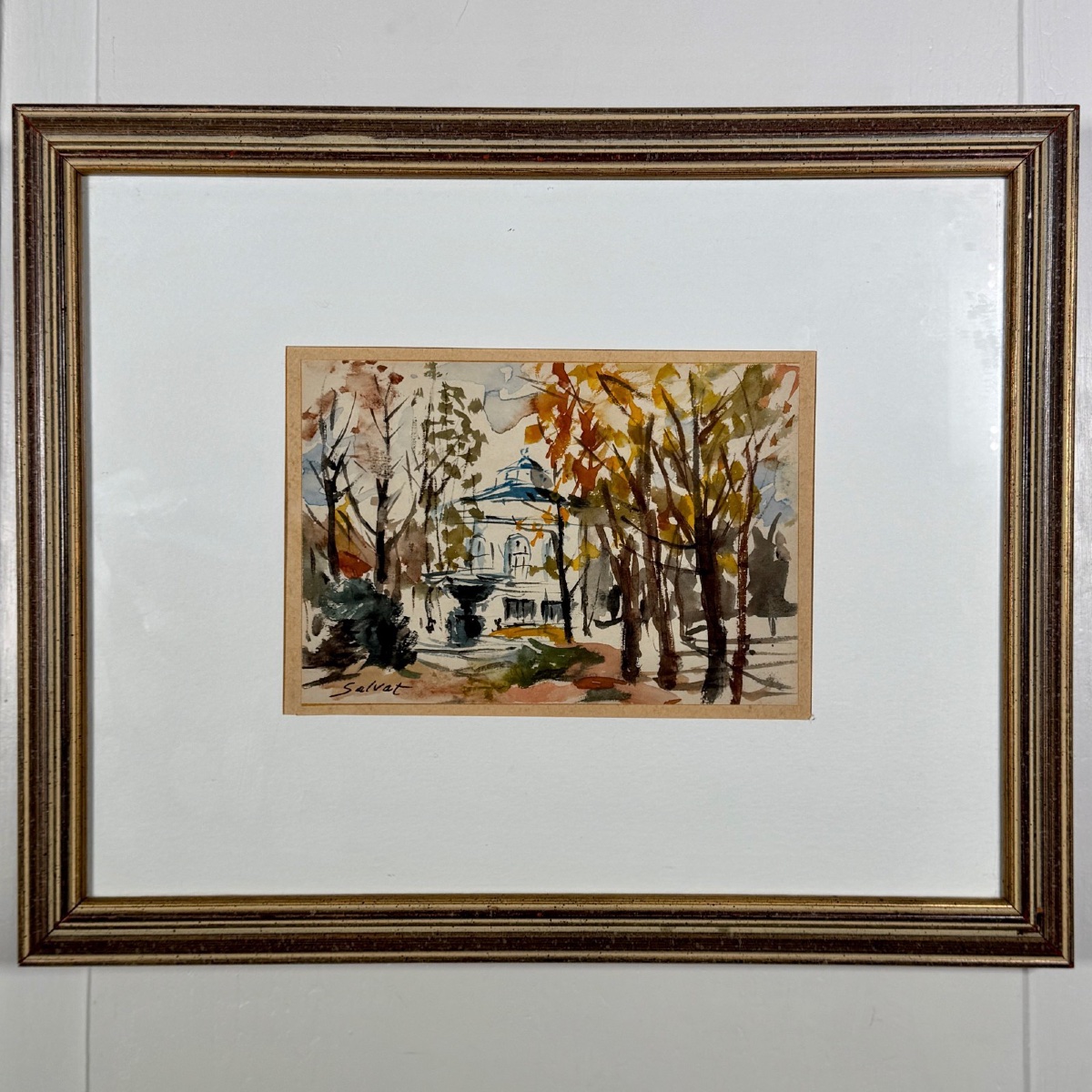 Dessin aquarelle sur papier par Salvat monument derrière des arbres XXe-photo-4