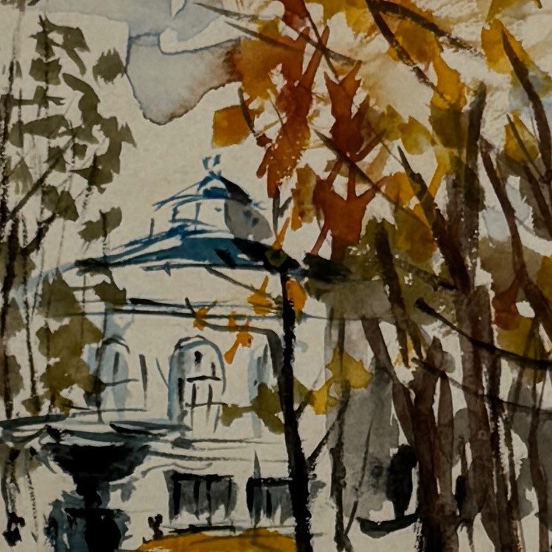Dessin aquarelle sur papier par Salvat monument derrière des arbres XXe-photo-2