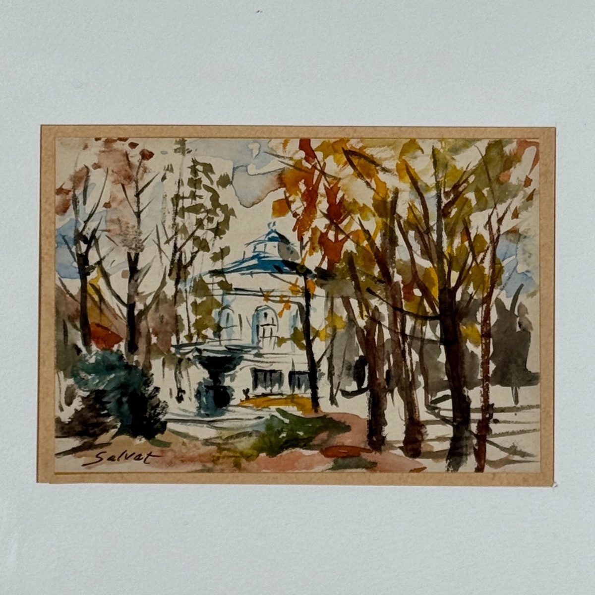 Dessin aquarelle sur papier par Salvat monument derrière des arbres XXe