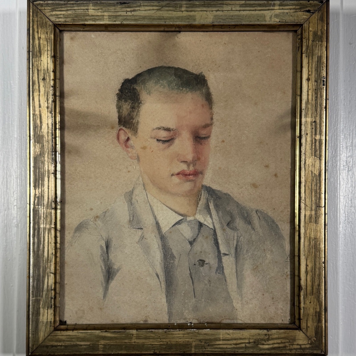 Aquarelle sur papier début XXe portrait de jeune homme cadre doré-photo-2