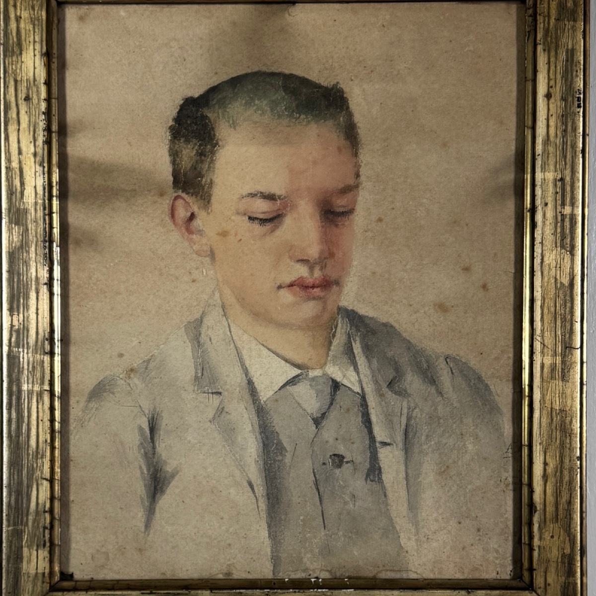 Aquarelle sur papier début XXe portrait de jeune homme cadre doré-photo-3