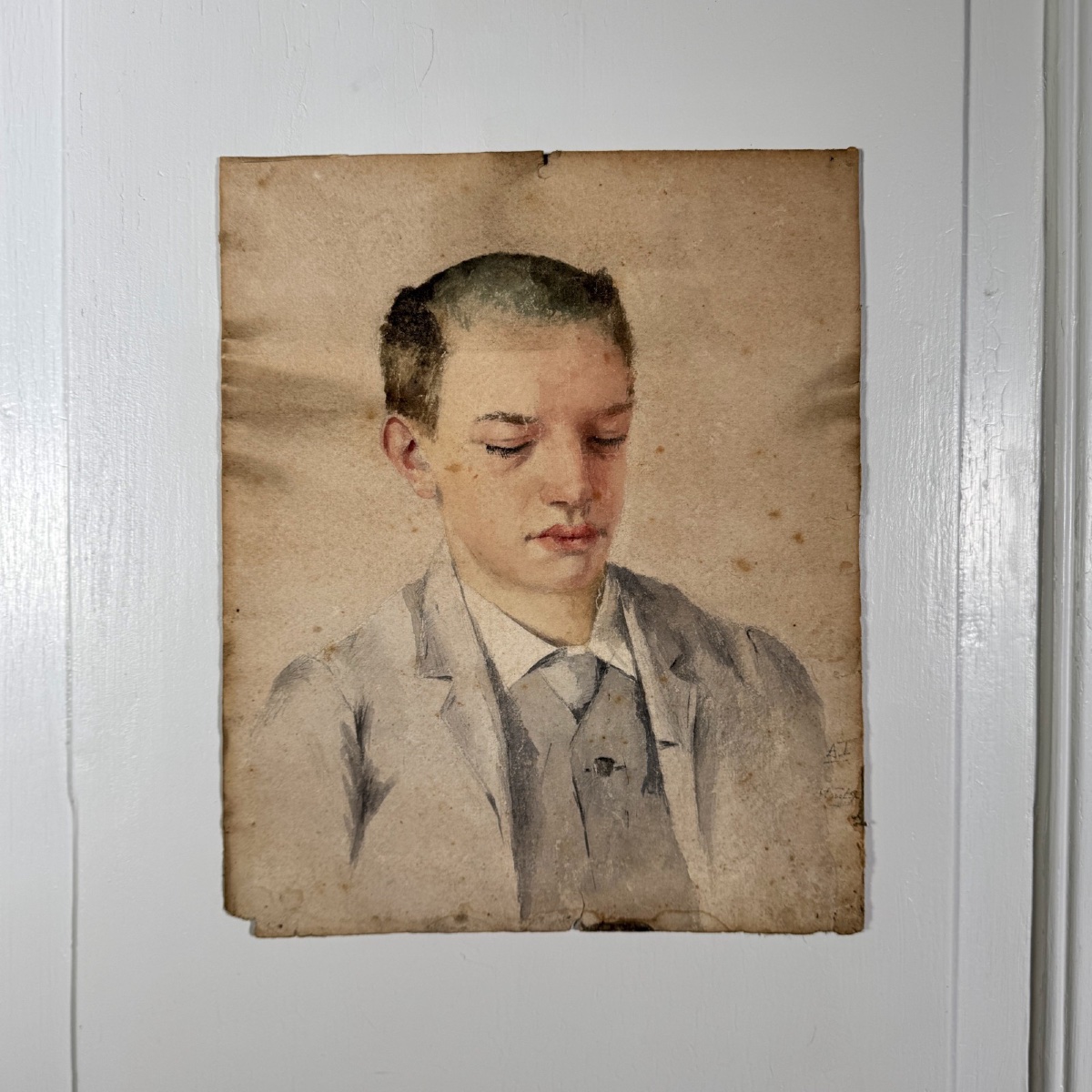 Aquarelle sur papier début XXe portrait de jeune homme cadre doré-photo-4