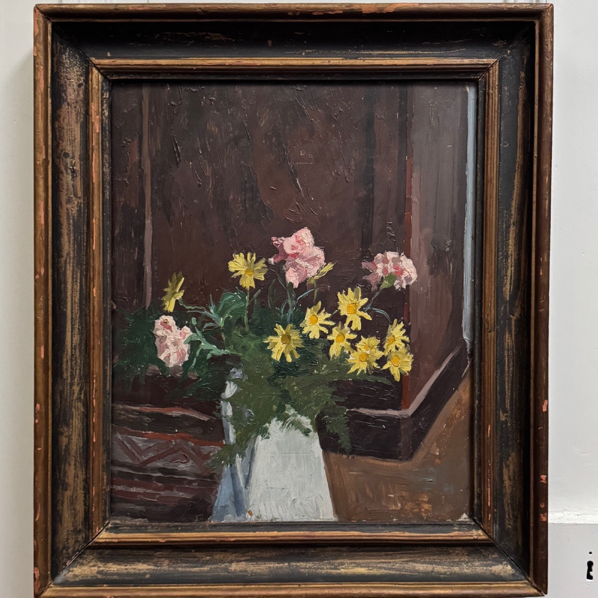 Huile sur panneau début XXe bouquet de fleurs dans son vase -photo-2