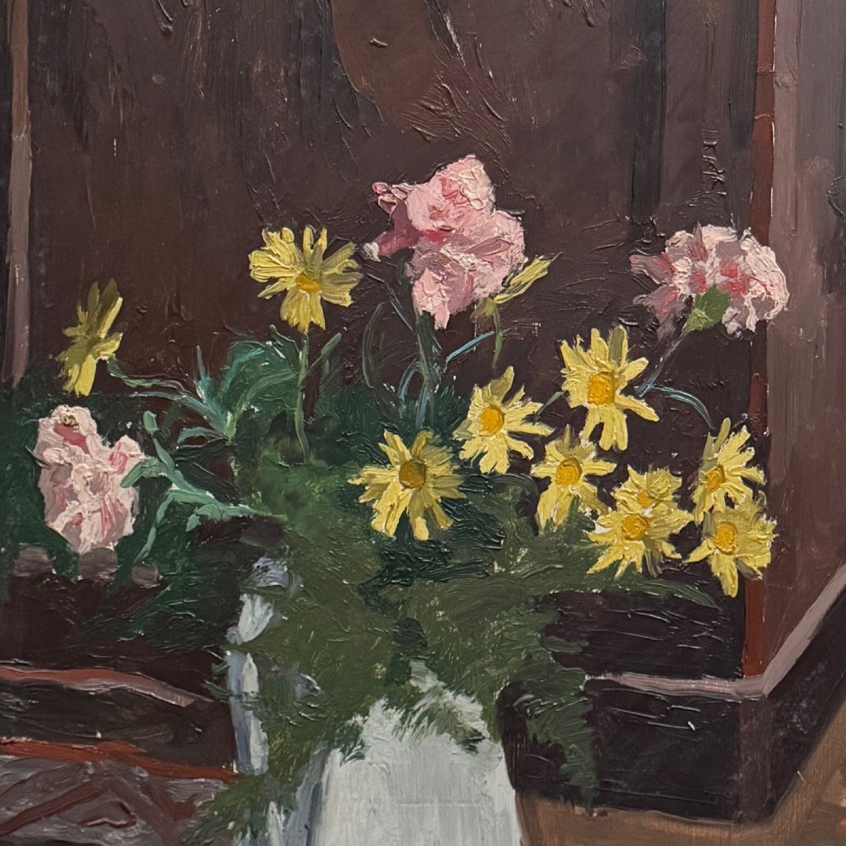 Huile sur panneau début XXe bouquet de fleurs dans son vase -photo-3