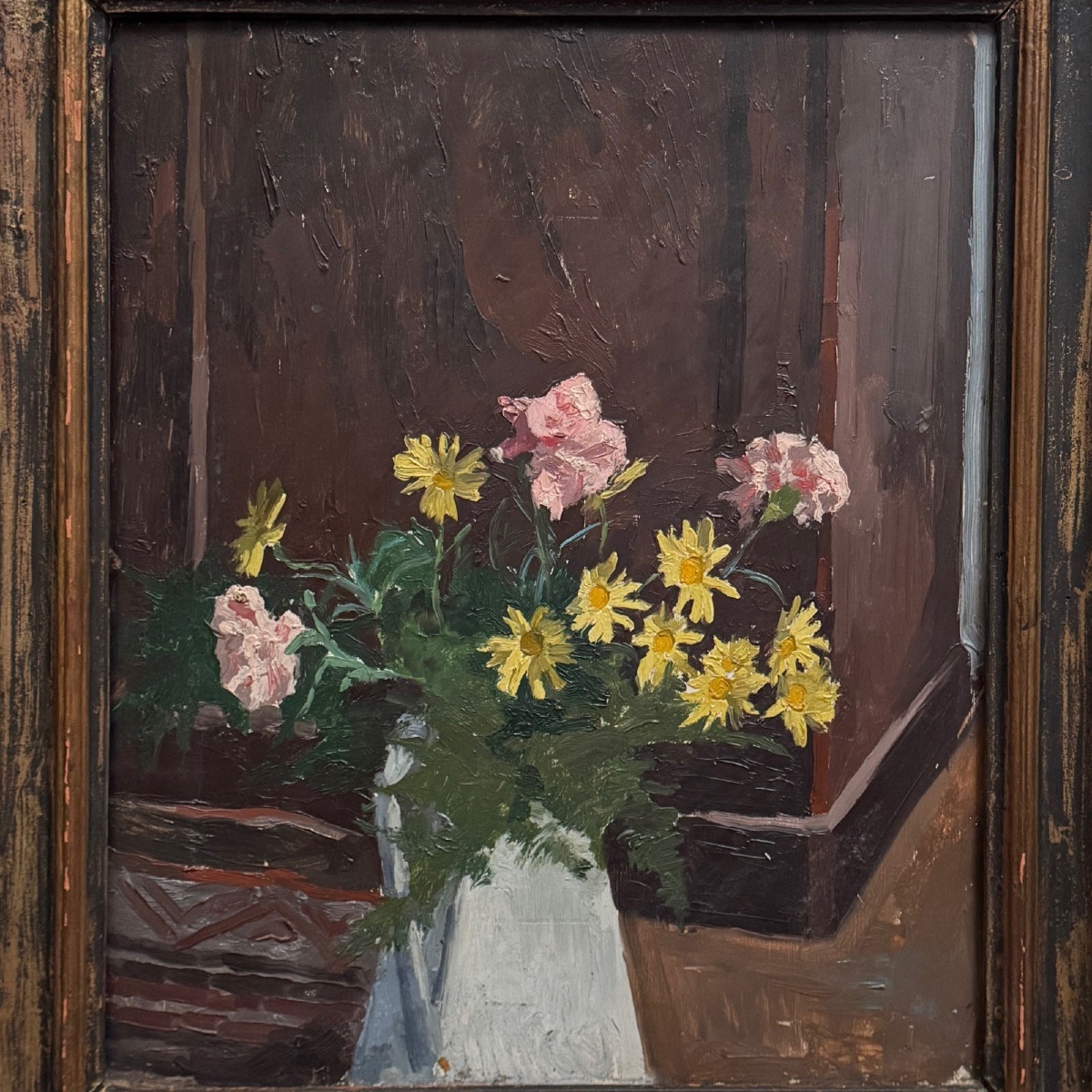 Huile sur panneau début XXe bouquet de fleurs dans son vase -photo-4