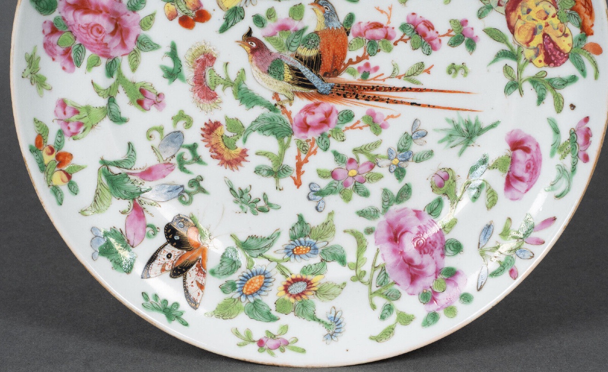 19th Century Canton Porcelain Plate With Floral Decoration Of Birds And Butterflies-photo-4