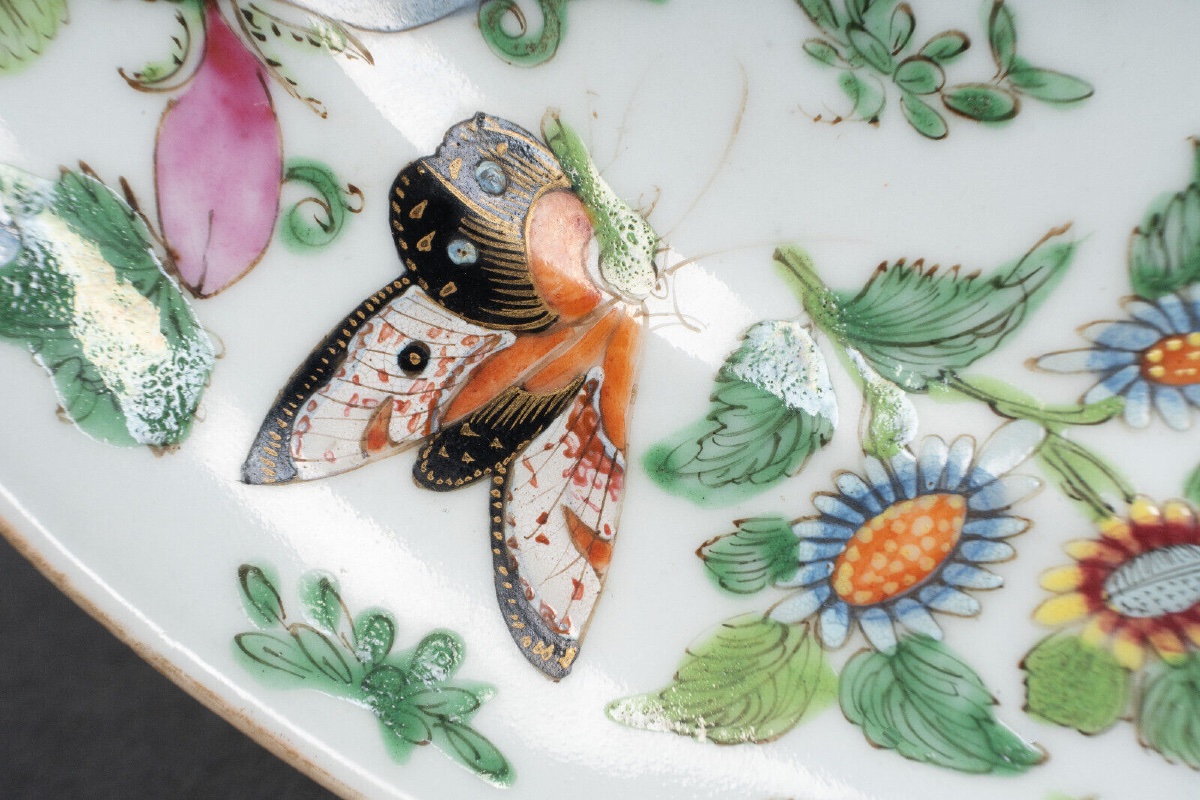 19th Century Canton Porcelain Plate With Floral Decoration Of Birds And Butterflies-photo-6