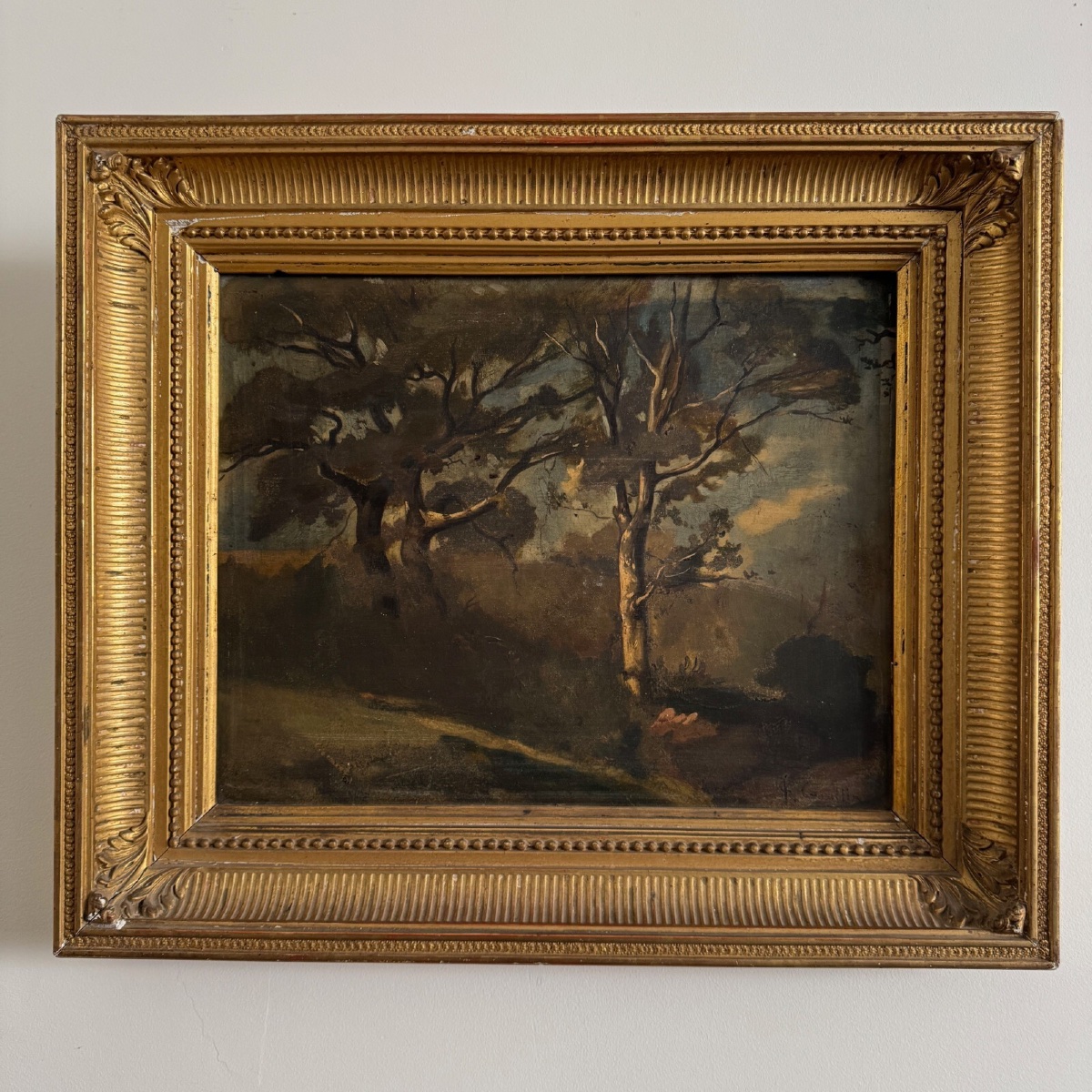 Oil On Panel By Francis Goullin, 19th-century Forest Landscape, Gilt Frame-photo-3