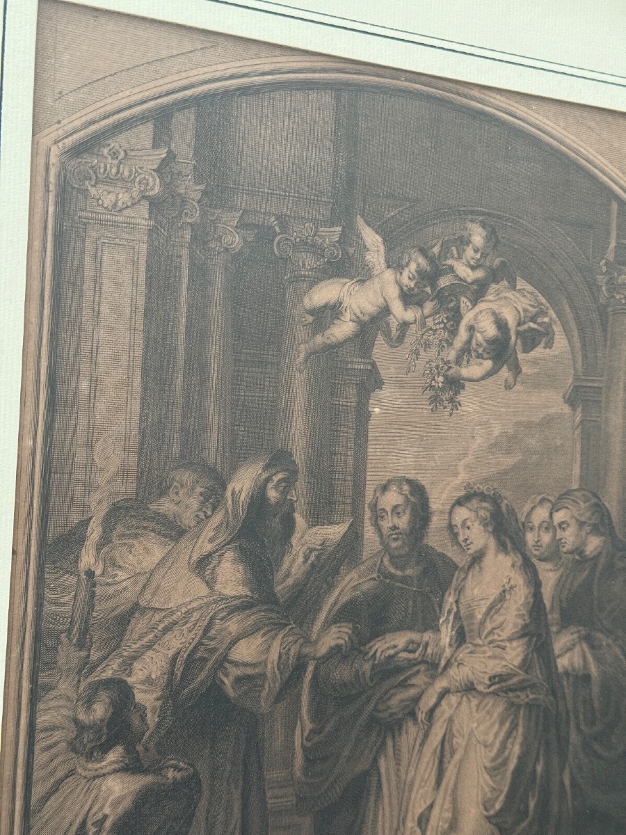 Gravure XVIIIe d'après le Mariage de la Vierge de P. Rubens -photo-1