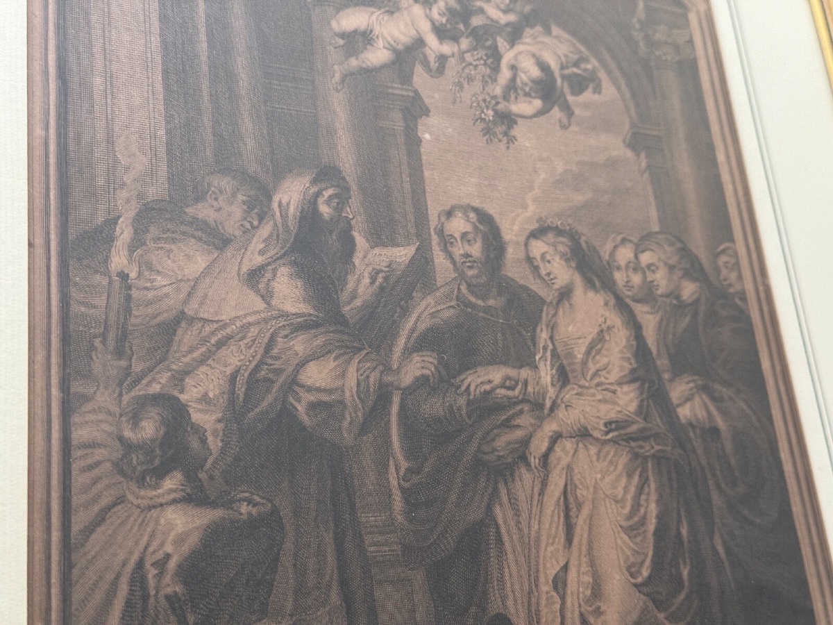 Gravure XVIIIe d'après le Mariage de la Vierge de P. Rubens -photo-4