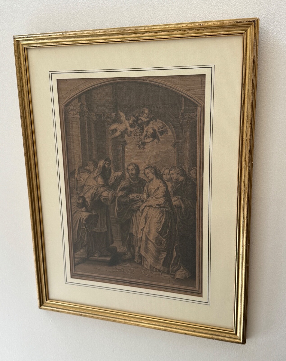 Gravure XVIIIe d'après le Mariage de la Vierge de P. Rubens 