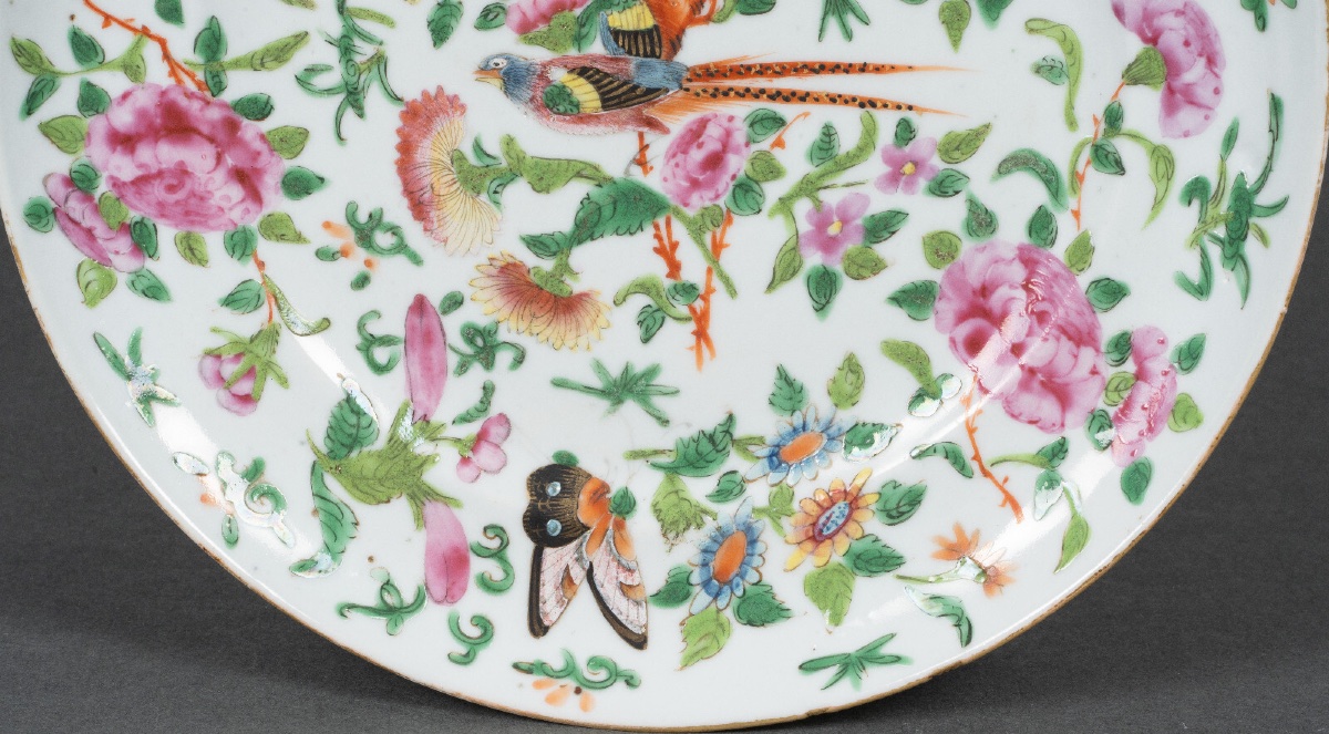 19th Century Canton Porcelain Plate With Floral Decoration Of Birds And Butterflies-photo-4