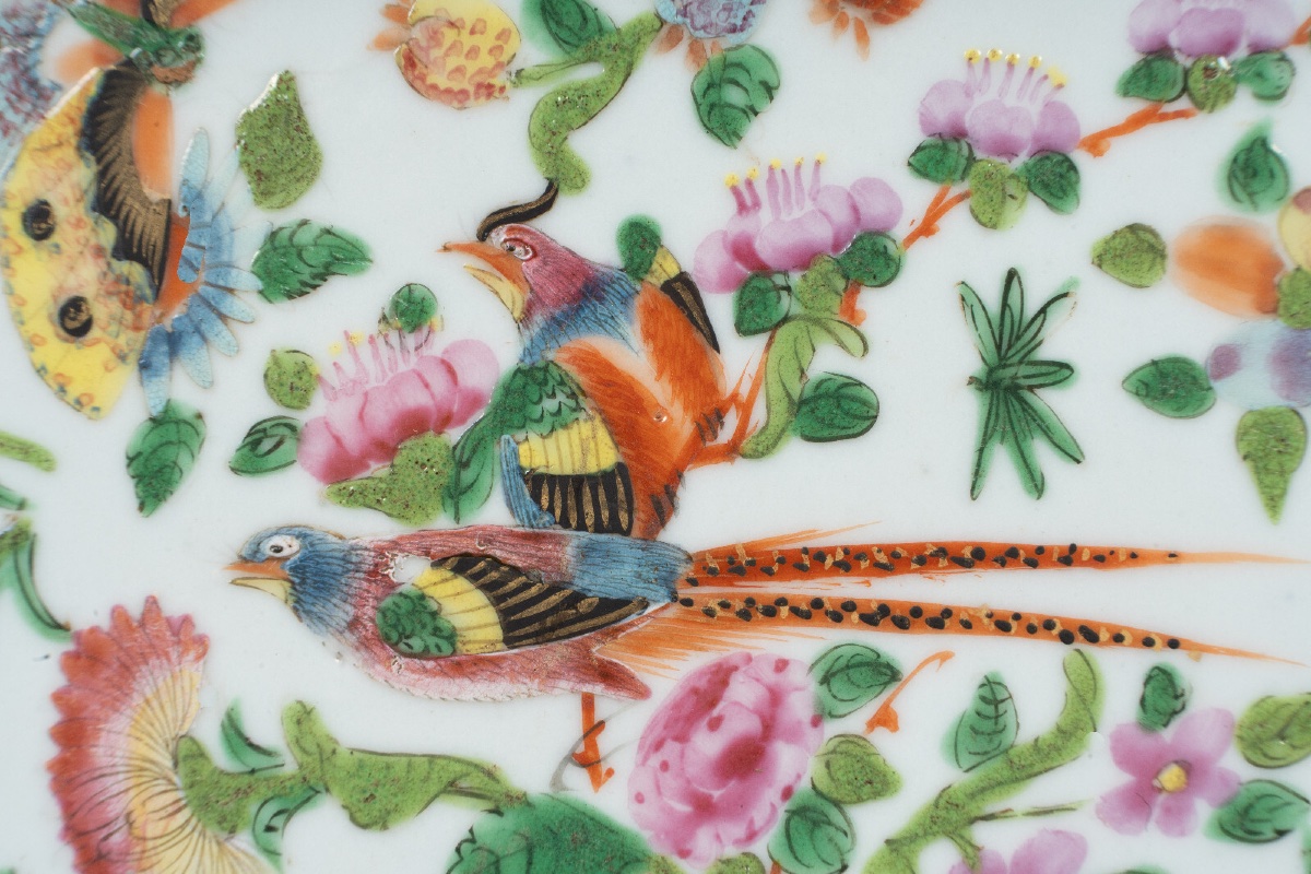 19th Century Canton Porcelain Plate With Floral Decoration Of Birds And Butterflies-photo-4