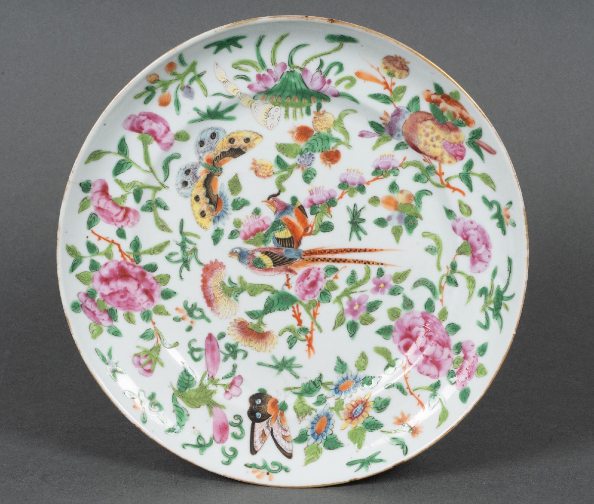 19th Century Canton Porcelain Plate With Floral Decoration Of Birds And Butterflies