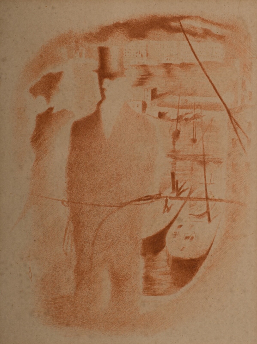 Engraving By Mariette Lydis, 20th Century: Couple In Hats In Front Of A Harbor -photo-2