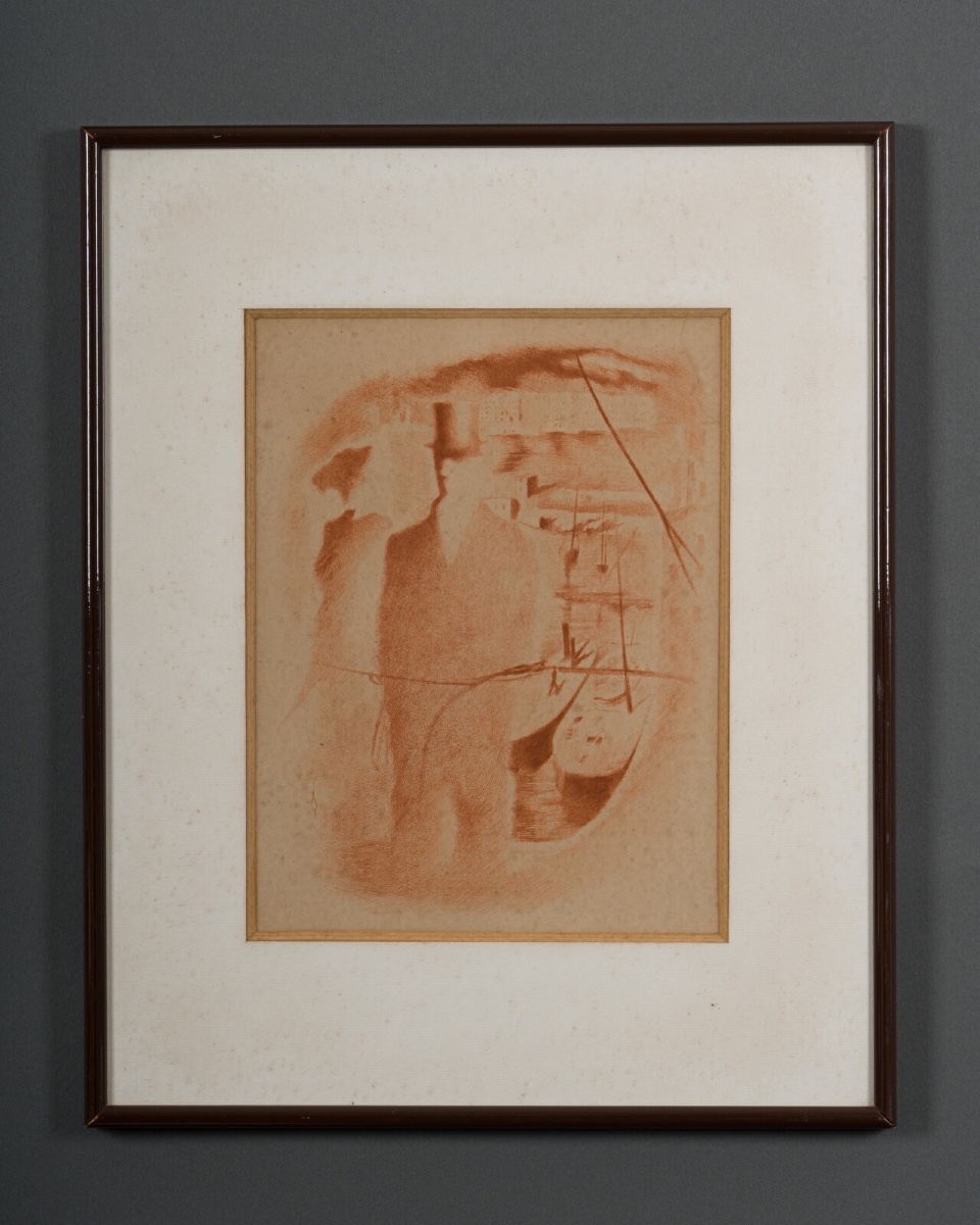 Engraving By Mariette Lydis, 20th Century: Couple In Hats In Front Of A Harbor 