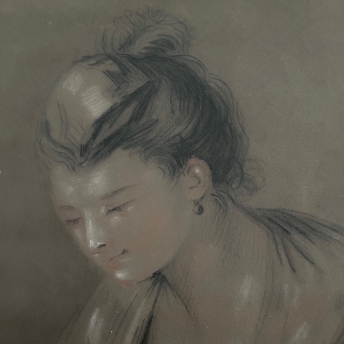 Dessin au crayon portrait de jeune femme début XXe cadre doré -photo-2