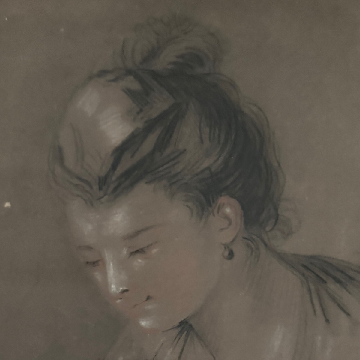 Dessin au crayon portrait de jeune femme début XXe cadre doré -photo-3