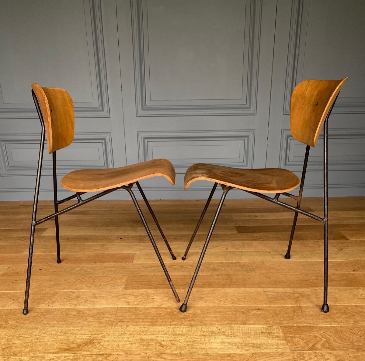 Paire de chaises courbes 1960 métal tubulaire Robert Mathieu -photo-3