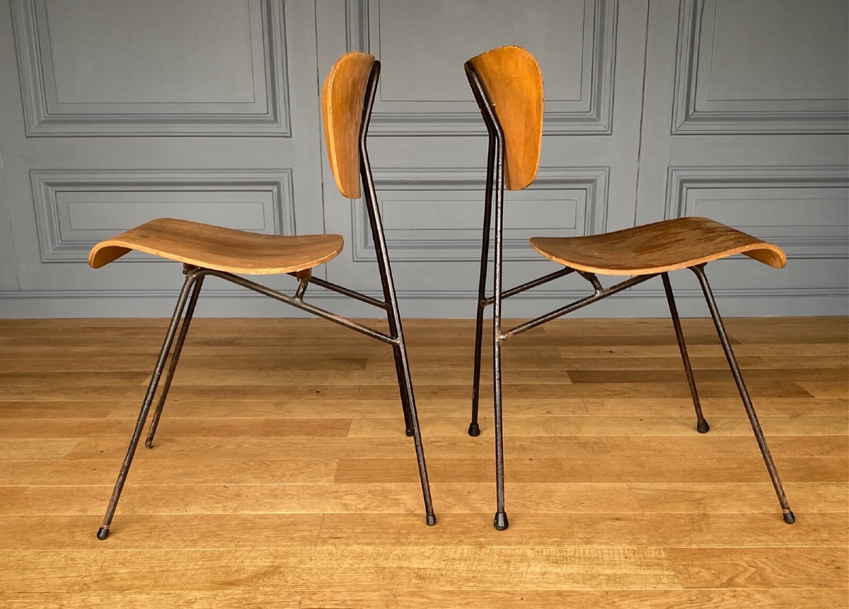 Paire de chaises courbes 1960 métal tubulaire Robert Mathieu -photo-4