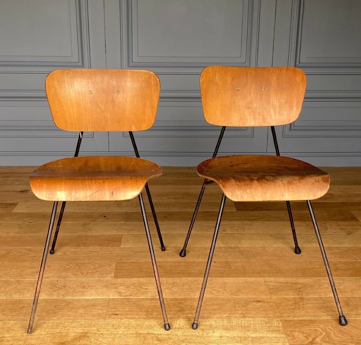 Paire de chaises courbes 1960 métal tubulaire Robert Mathieu 