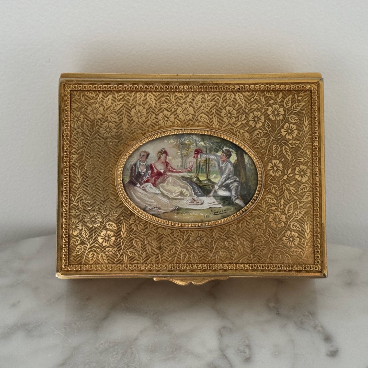 19th-century Guilloché Bronze Box Adorned With A Romantic Miniature -photo-2