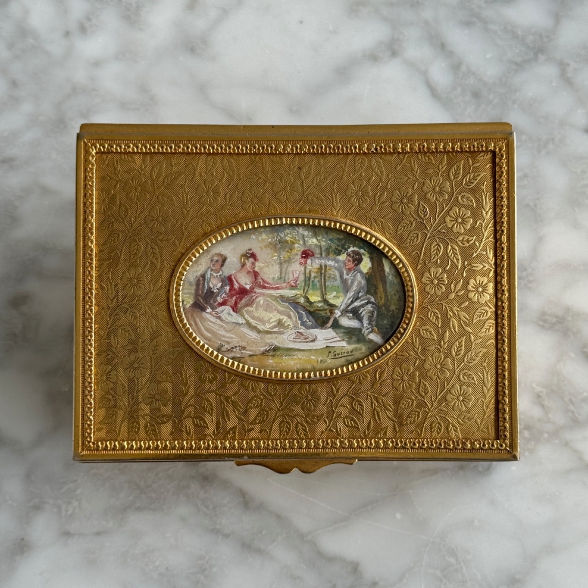 19th-century Guilloché Bronze Box Adorned With A Romantic Miniature -photo-4