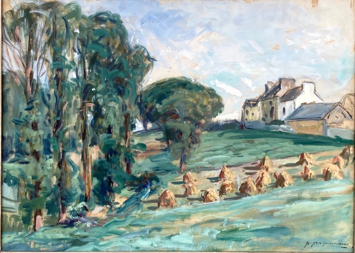 Aquarelle par Paul Paquereau meules de foin XXe-photo-2