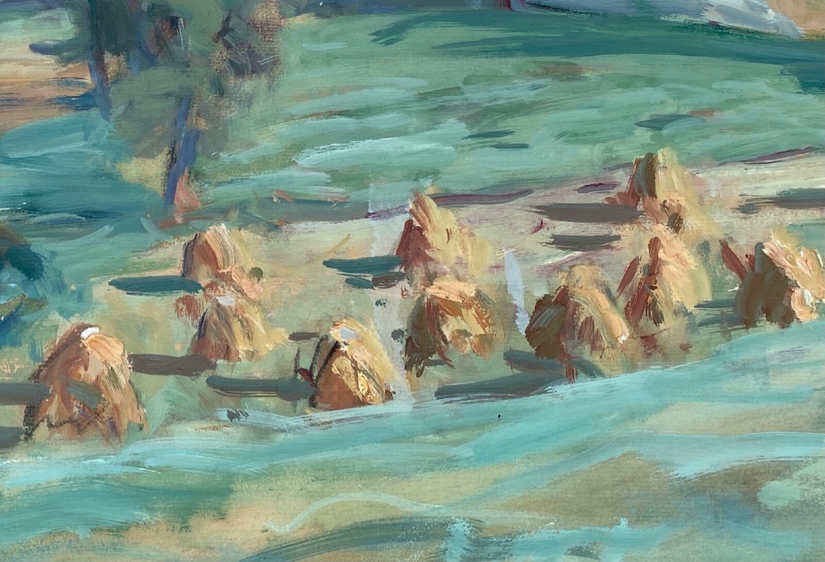 Aquarelle par Paul Paquereau meules de foin XXe-photo-3