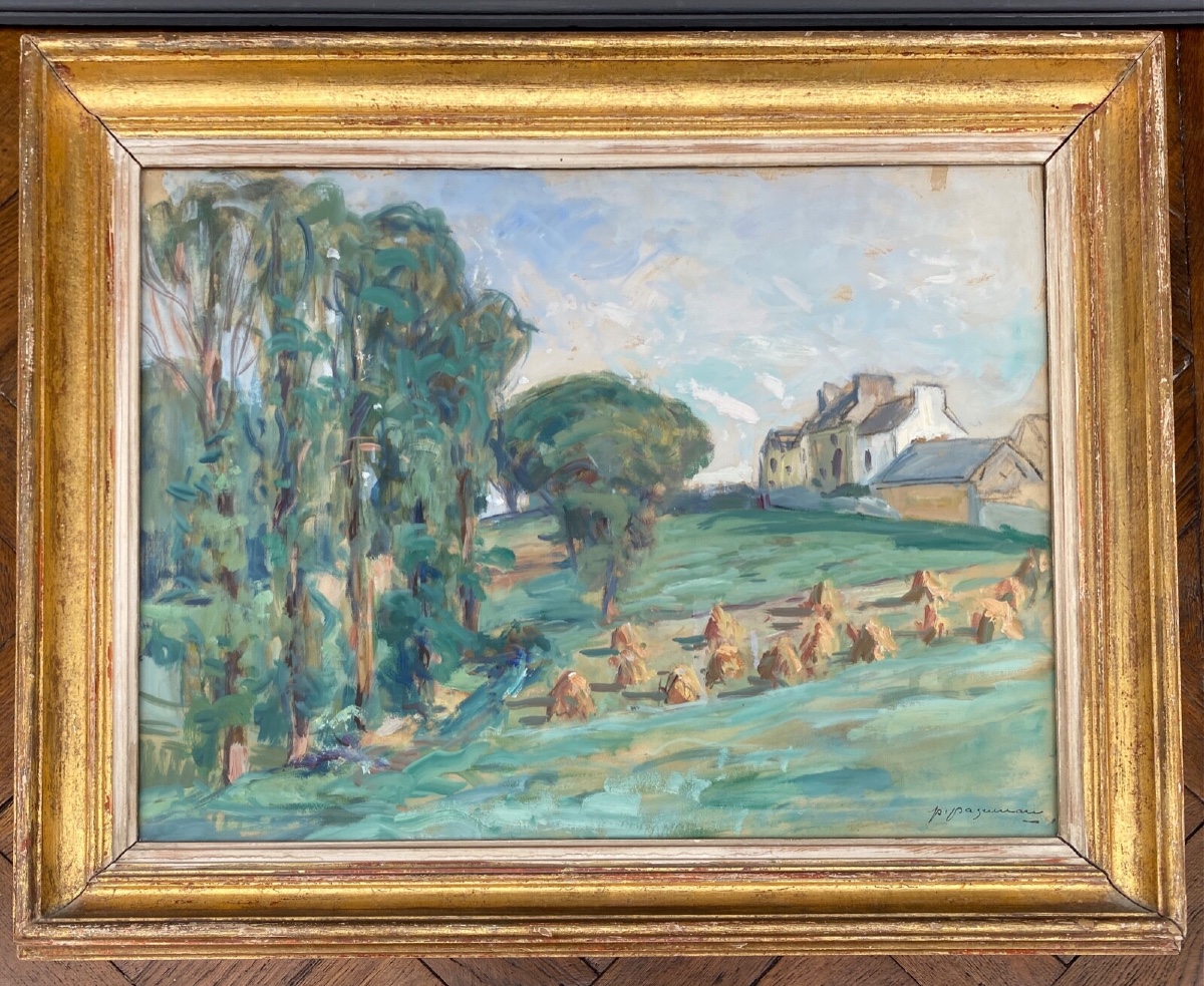 Aquarelle par Paul Paquereau meules de foin XXe