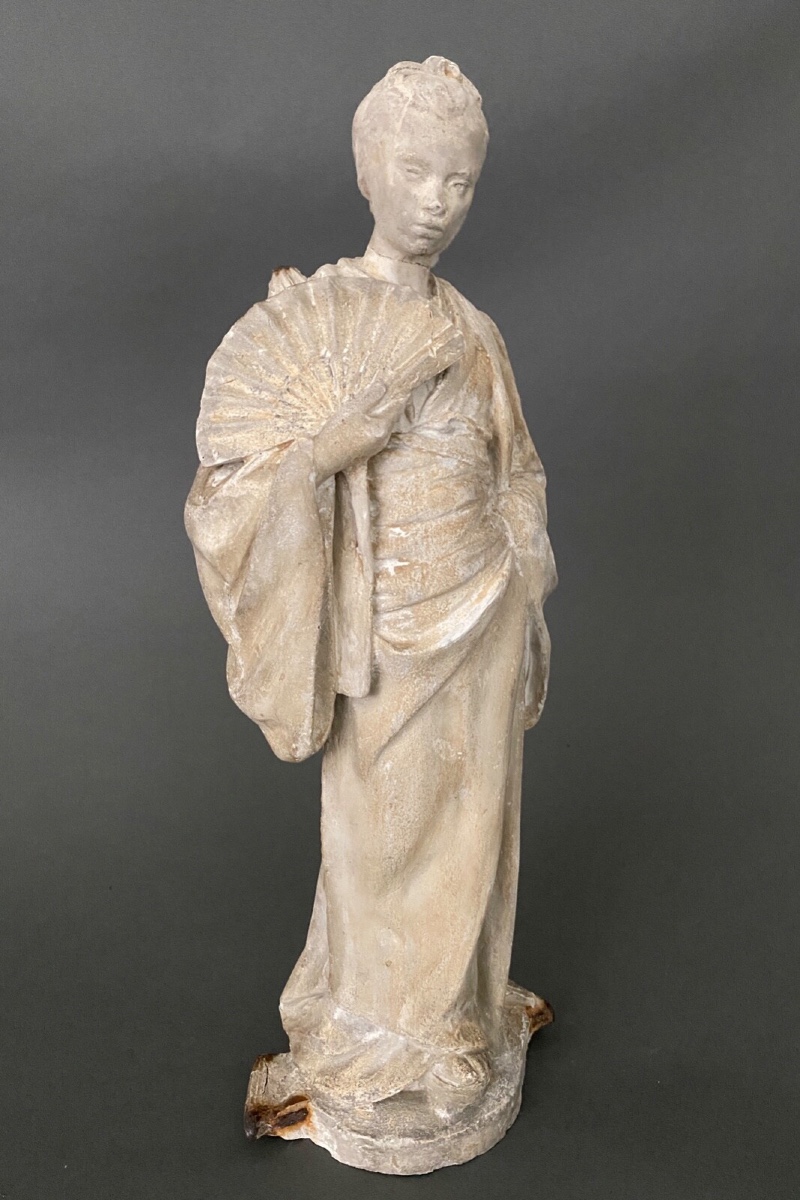Studio Plaster Statue By Charles Filleul, Woman With A Fan, 20th Century 