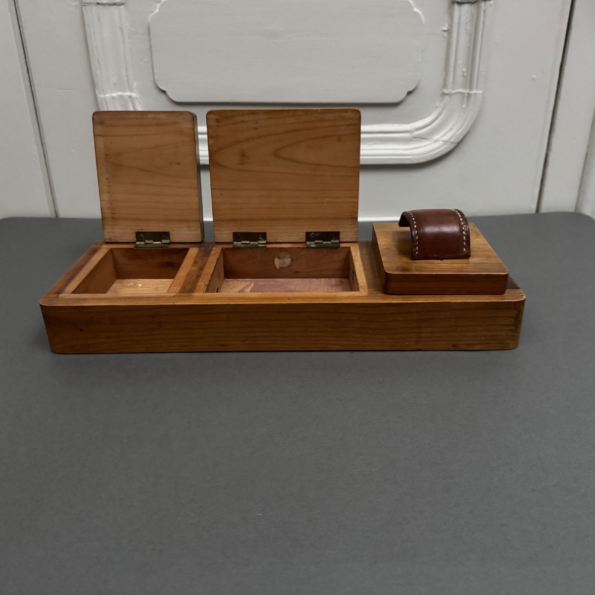 Wooden Box, 1950s, In The Style Of Adnet, With 3 Compartments And Leather Handles-photo-4
